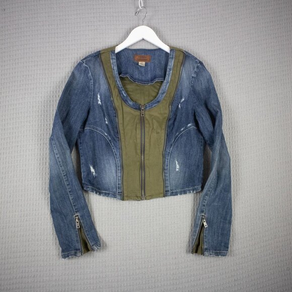 Guess Cropped Distressed Denim combo Zipper Jacket Y2K 2000s - Picture 1 of 8